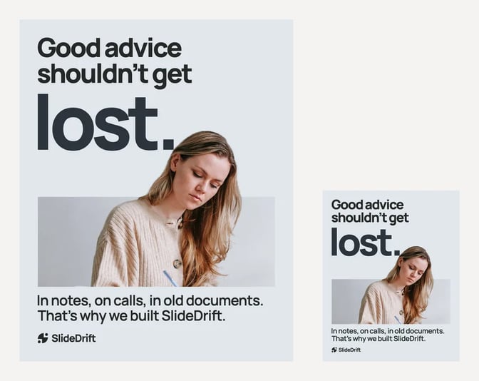The same statement-card post shown at full size and at about the width it gets in a phone feed; the headline Good advice shouldn't get lost still reads at the small size