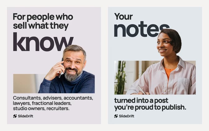 Two statement-card image posts from SlideDrift's LinkedIn Page, each with one large keyword, a short supporting line, a photo and a small logo