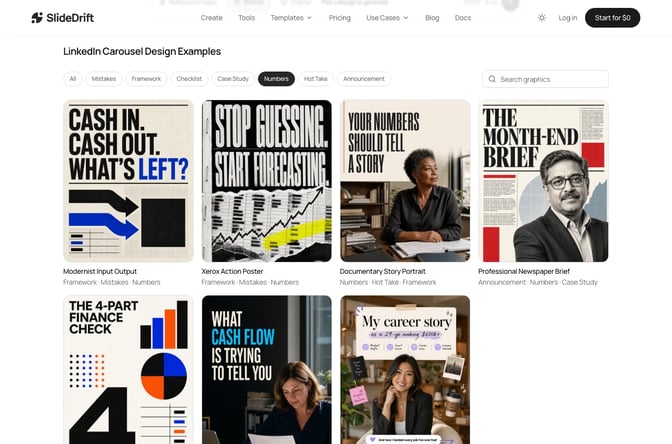 SlideDrift's Graphics library with topic filters, showing designs tagged Numbers for single-image LinkedIn posts and carousel covers