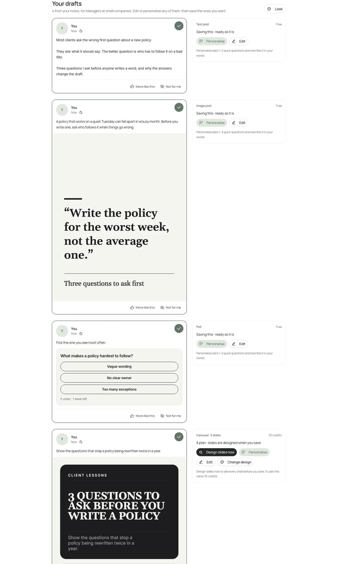 SlideDrift's Post ideas showing Your drafts: a text post, an image post, a poll and a carousel written from the same pasted notes, each with a tick box to save it