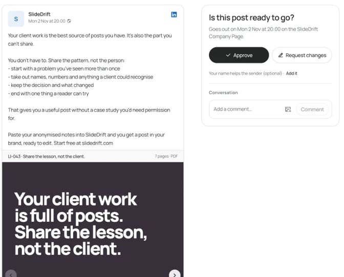 A LinkedIn carousel post about sharing a client lesson without naming the client, previewed in SlideDrift's review page