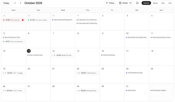 SlideDrift's Schedule calendar for October 2026 in month view, with posts mostly on Mondays and Thursdays and awareness days such as World Mental Health Day marked