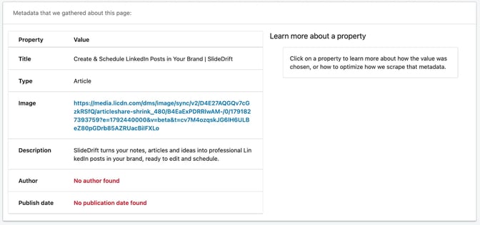 Post Inspector's metadata table for slidedrift.com listing Title, Type, Image, Description, Author and Publish date