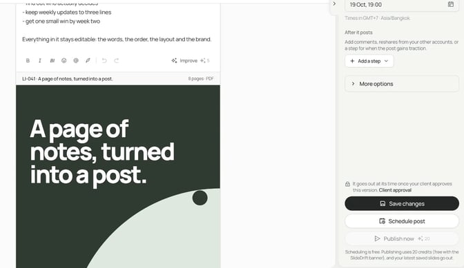 SlideDrift's post editor with the caption above an 8-page PDF carousel whose first page reads A page of notes, turned into a post, beside the posting time and a Schedule post button