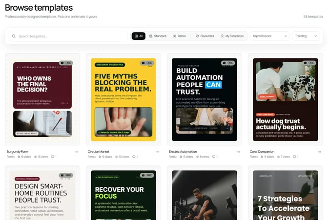 SlideDrift's Browse templates page with a search box, Standard and Remix filters, a profession filter and a grid of Pro carousel designs such as Burgundy Form and Circular Market