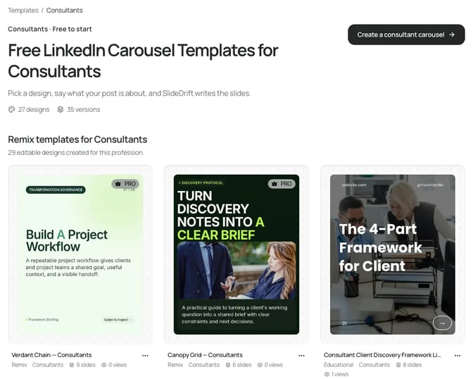 SlideDrift's carousel templates for consultants, with designs titled Build A Project Workflow, Turn Discovery Notes Into A Clear Brief and The 4-Part Framework for Client