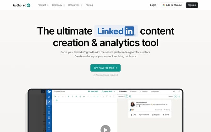 AuthoredUp's homepage with its post editor, formatting toolbar and a LinkedIn post preview below the headline