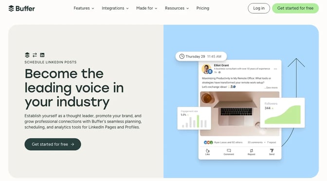 Buffer's Schedule LinkedIn posts page with a scheduled post preview, an engagement rate card and a followers chart