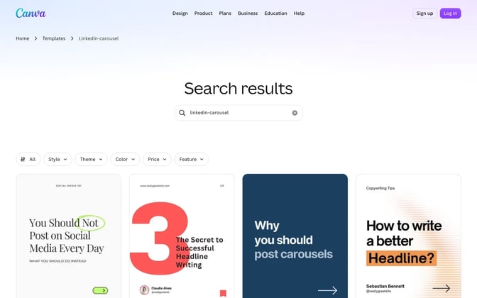 Canva's template search results for LinkedIn carousel, with four carousel cover templates in the first row