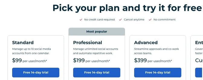 Hootsuite's plans page with Standard at $99, Professional at $199 and Advanced at $399 per user a month, each with a free 14-day trial