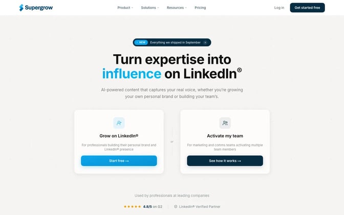 Supergrow's homepage with the headline Turn expertise into influence on LinkedIn and options to grow on LinkedIn or activate a team