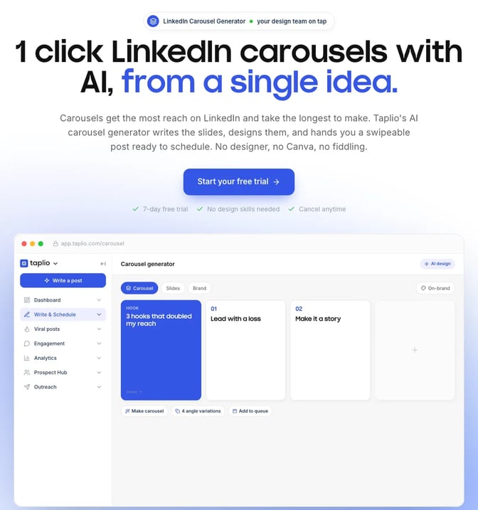 Taplio's LinkedIn carousel generator page with the headline 1 click LinkedIn carousels with AI and a mock-up of its generator showing a hook slide and two outline slides