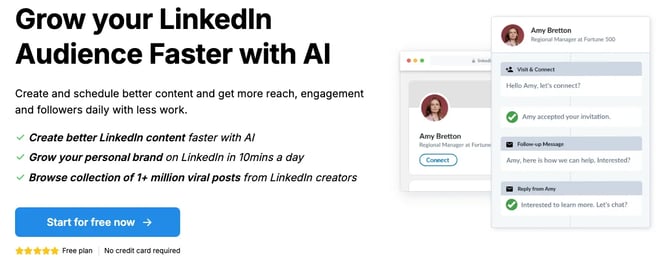 Typegrow's homepage headline Grow your LinkedIn Audience Faster with AI next to a mock-up of a connection request and follow-up messages