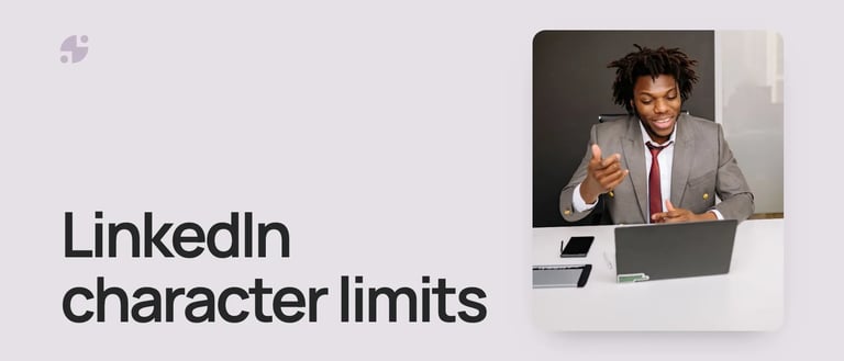 LinkedIn character limits. A man in a suit talking as he works at his laptop.