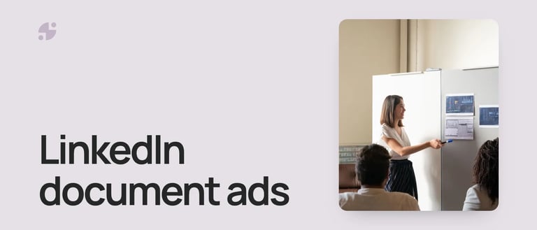 LinkedIn document ads: a woman points to printed charts on a board while two colleagues listen.