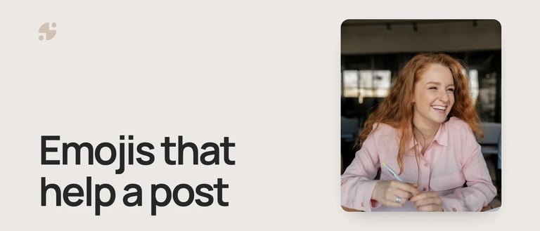 Emojis that help a post. A woman laughing as she writes notes at a desk.