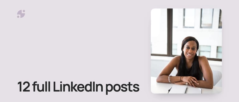 LinkedIn post examples. A smiling consultant at a desk with a notebook, beside the title 12 full LinkedIn posts.