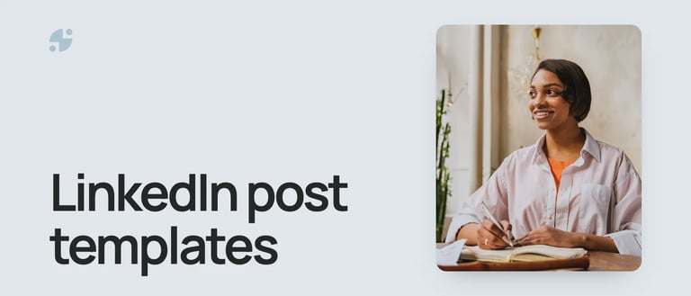 LinkedIn post templates. A consultant smiling as she writes notes.