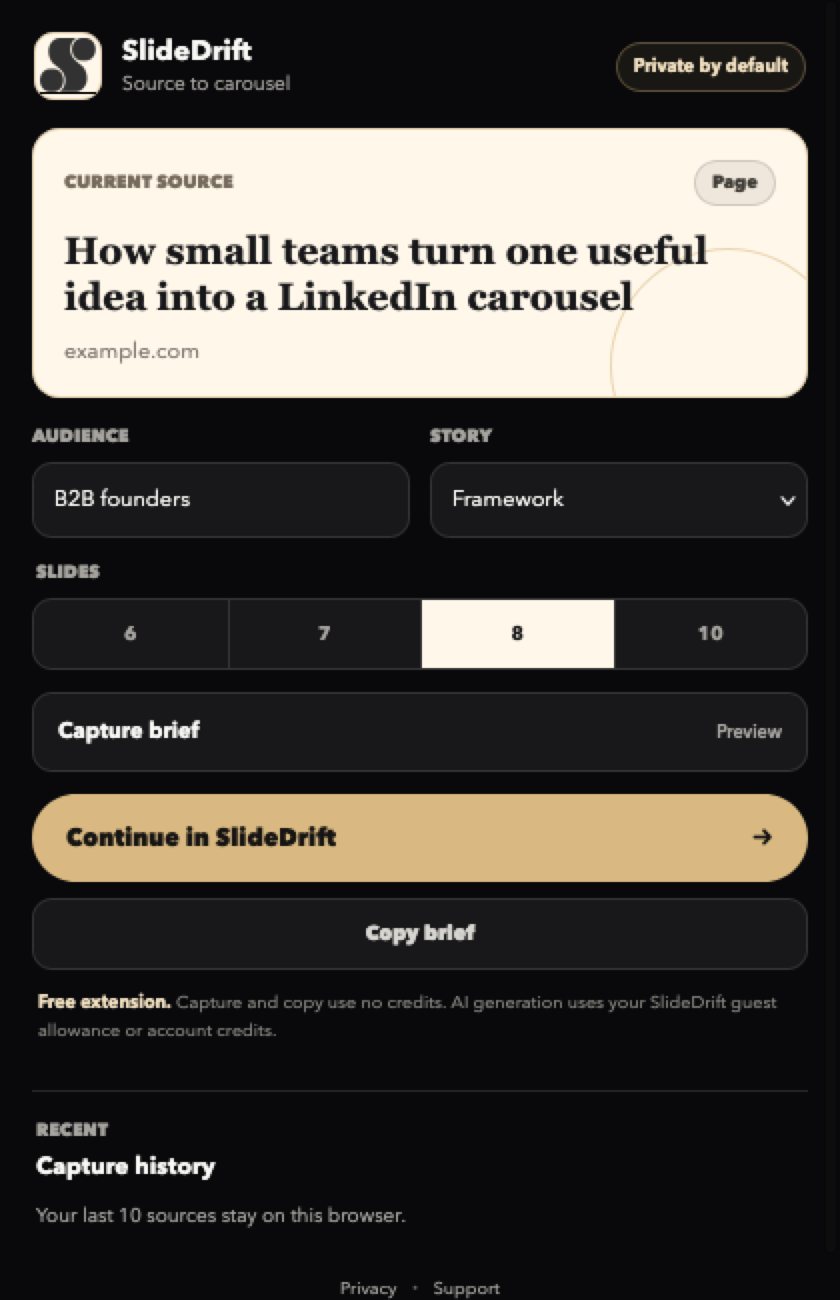 SlideDrift extension showing a captured article and carousel brief controls