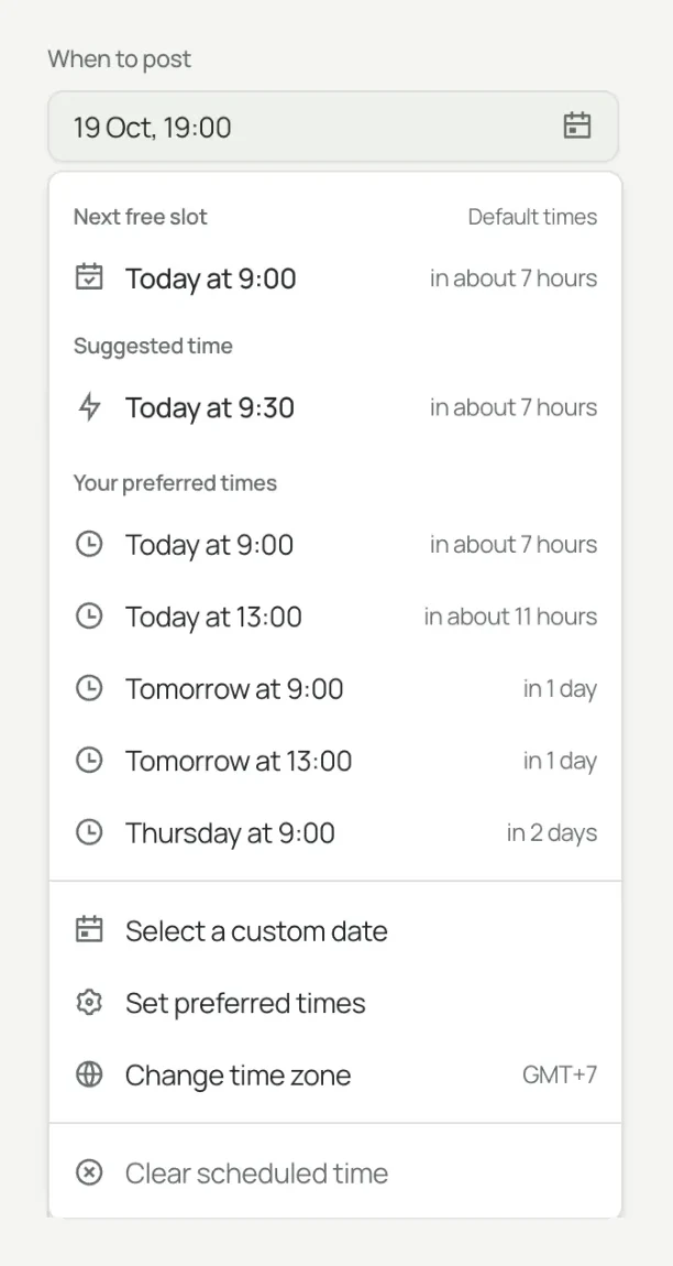 The When to post menu: the next free slot, a suggested time, preferred times and a custom date